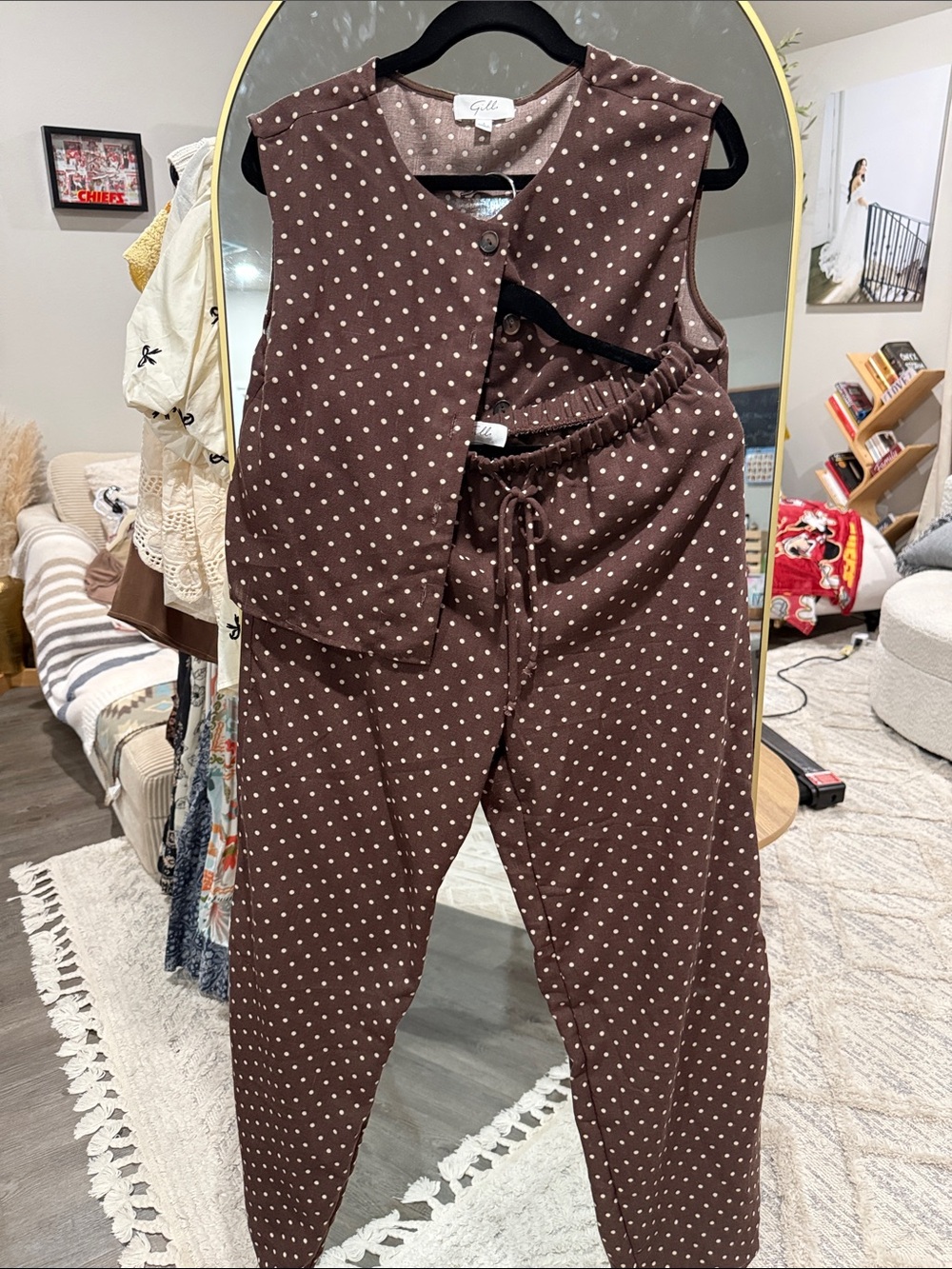 Brown Sleeveless Polka Dot Pants Set